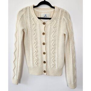 Aerie Wool Blend Women's Cable Knit Button Up Ivory Cardigan, Sm, Fisherman